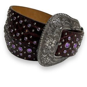 Ariat Burgundy Leather Purple Rhinestone Silver Buckle Handcrafted Belt Women 26